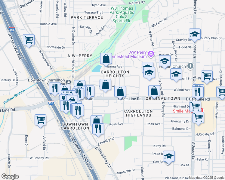 map of restaurants, bars, coffee shops, grocery stores, and more near 1014 Clint Street in Carrollton