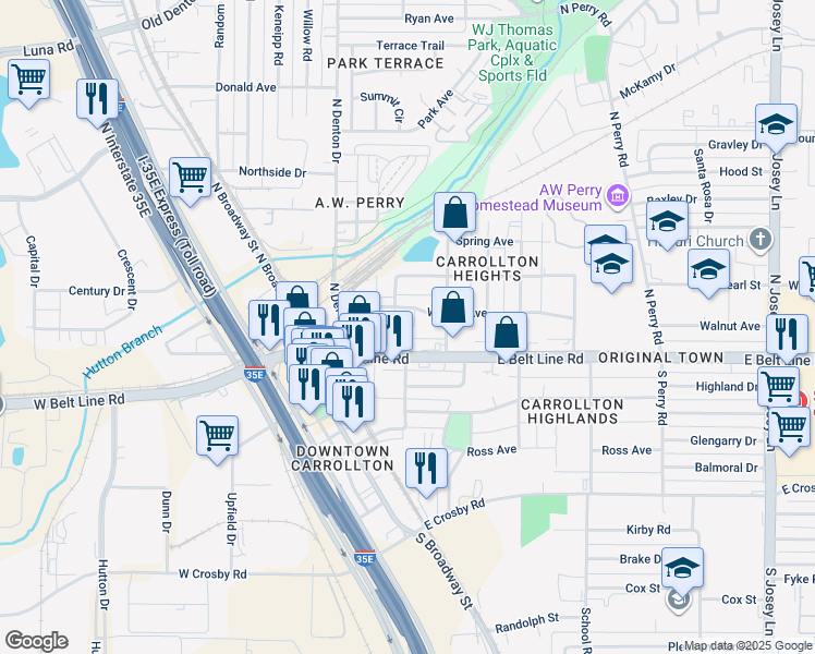 map of restaurants, bars, coffee shops, grocery stores, and more near 1308 Walnut Avenue in Carrollton
