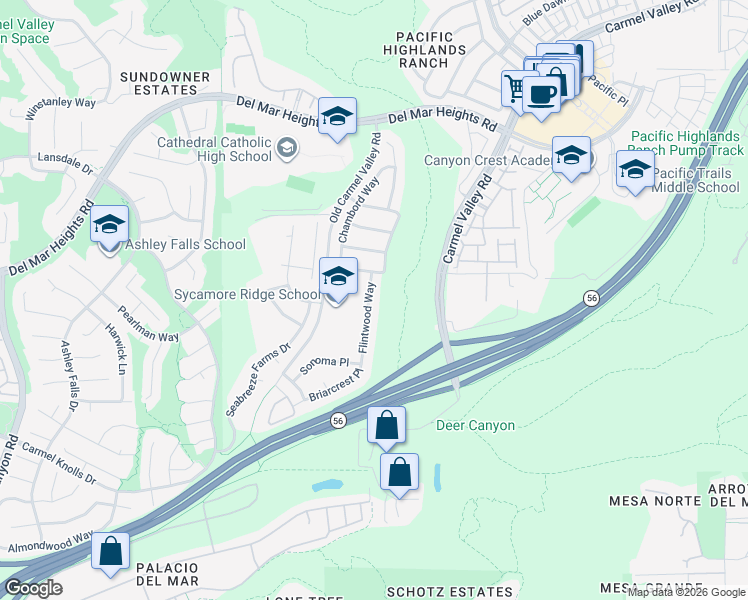 map of restaurants, bars, coffee shops, grocery stores, and more near 12967 Flintwood Way in San Diego