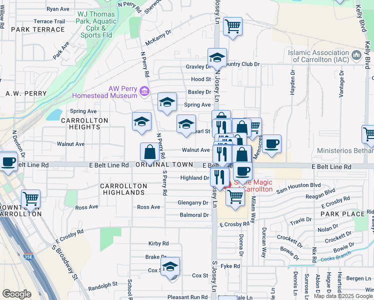 map of restaurants, bars, coffee shops, grocery stores, and more near 1820 Pearl Street in Carrollton
