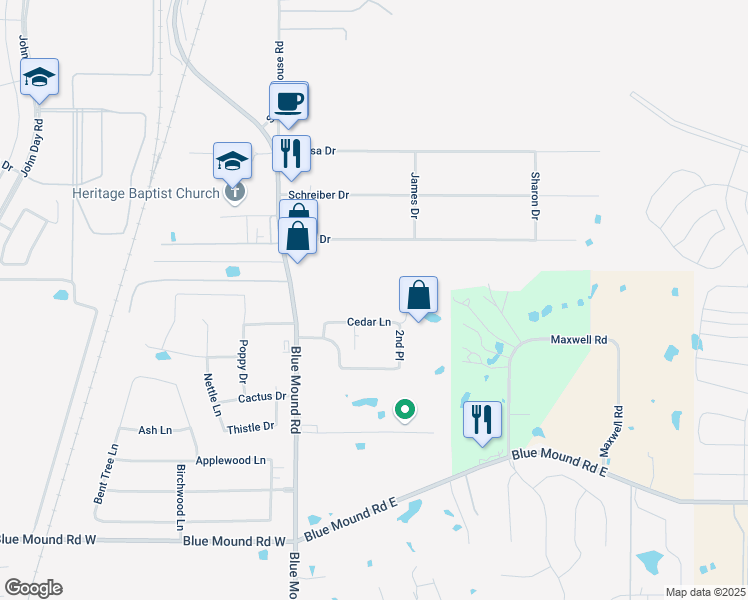map of restaurants, bars, coffee shops, grocery stores, and more near 109 Cedar Lane in Haslet