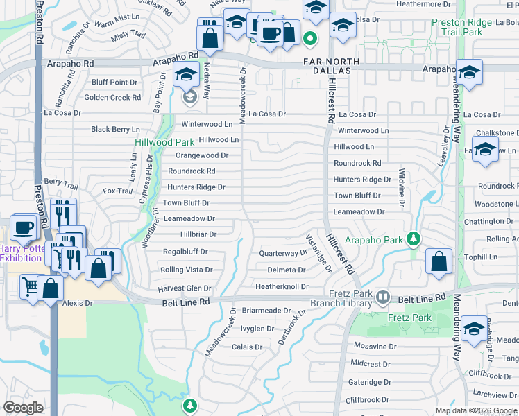 map of restaurants, bars, coffee shops, grocery stores, and more near 6826 Town Bluff Drive in Dallas