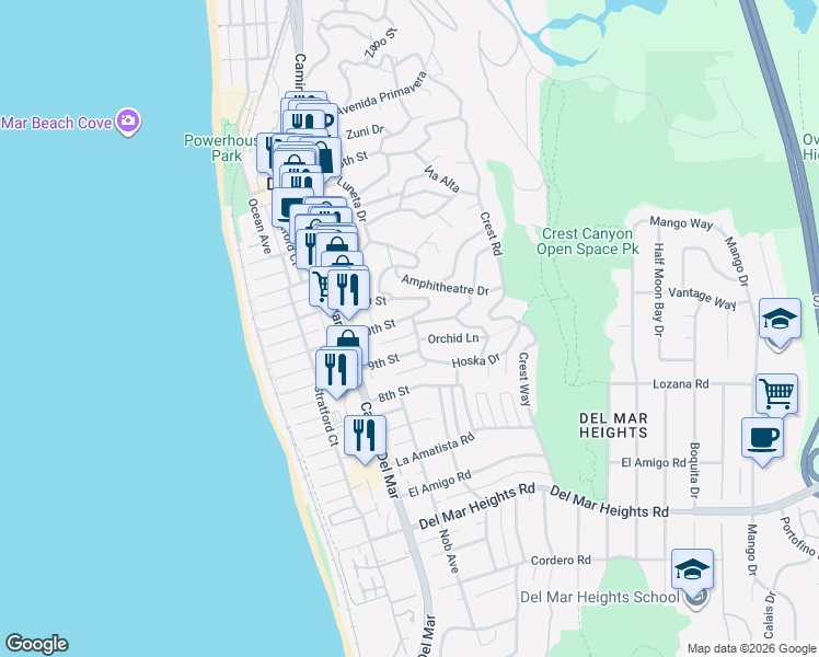map of restaurants, bars, coffee shops, grocery stores, and more near 940 Highland Avenue in Del Mar