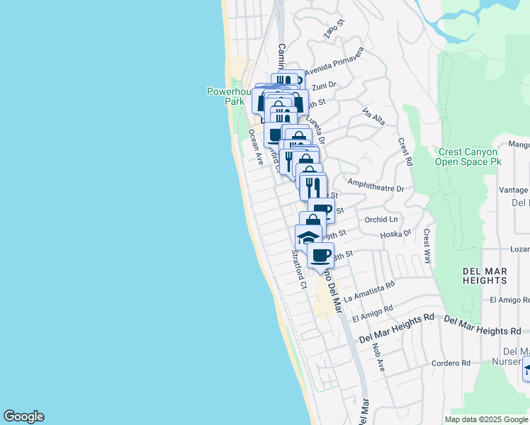 map of restaurants, bars, coffee shops, grocery stores, and more near 118 11th Street in Del Mar