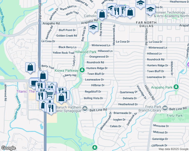 map of restaurants, bars, coffee shops, grocery stores, and more near 6646 Town Bluff Drive in Dallas