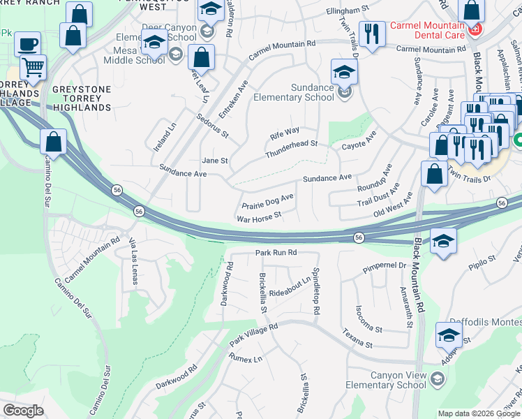 map of restaurants, bars, coffee shops, grocery stores, and more near 12795 Prairie Dog Avenue in San Diego