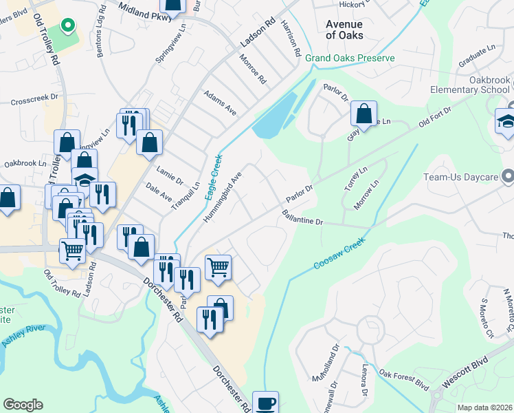 map of restaurants, bars, coffee shops, grocery stores, and more near 905 Flicker Court in Ladson