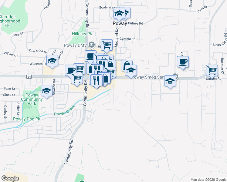 map of restaurants, bars, coffee shops, grocery stores, and more near Midland Road & Poway Creek Road in Poway