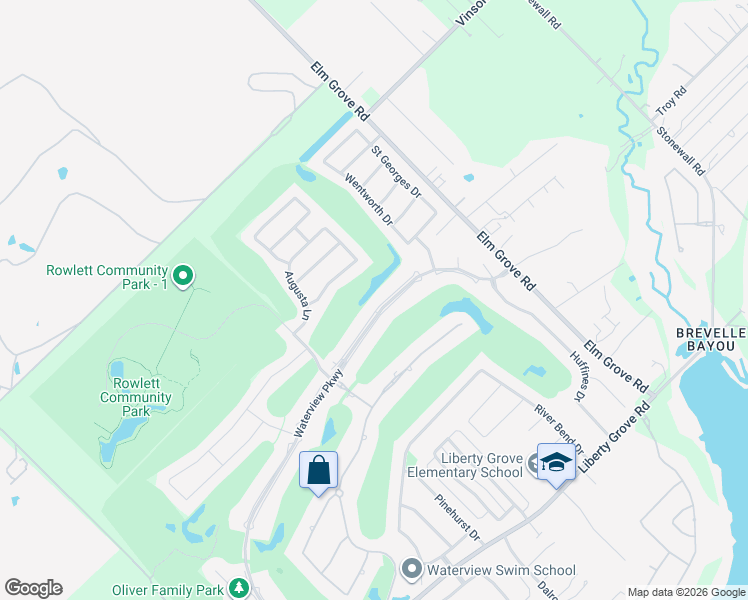 map of restaurants, bars, coffee shops, grocery stores, and more near 10501 Waterview Parkway in Rowlett