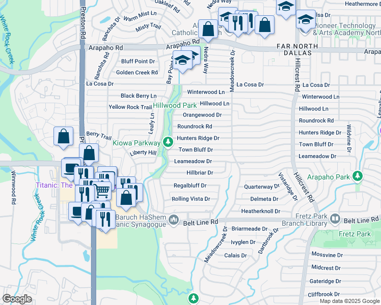 map of restaurants, bars, coffee shops, grocery stores, and more near 6646 Town Bluff Drive in Dallas