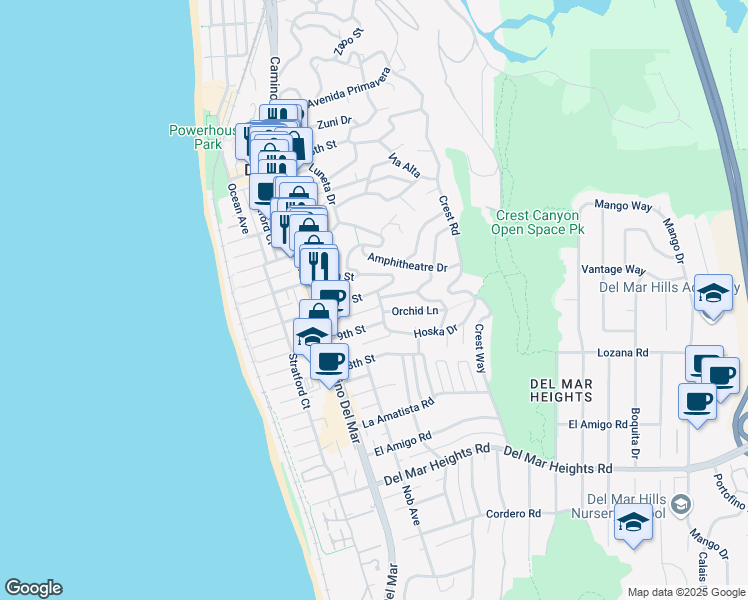 map of restaurants, bars, coffee shops, grocery stores, and more near 940 Highland Avenue in Del Mar