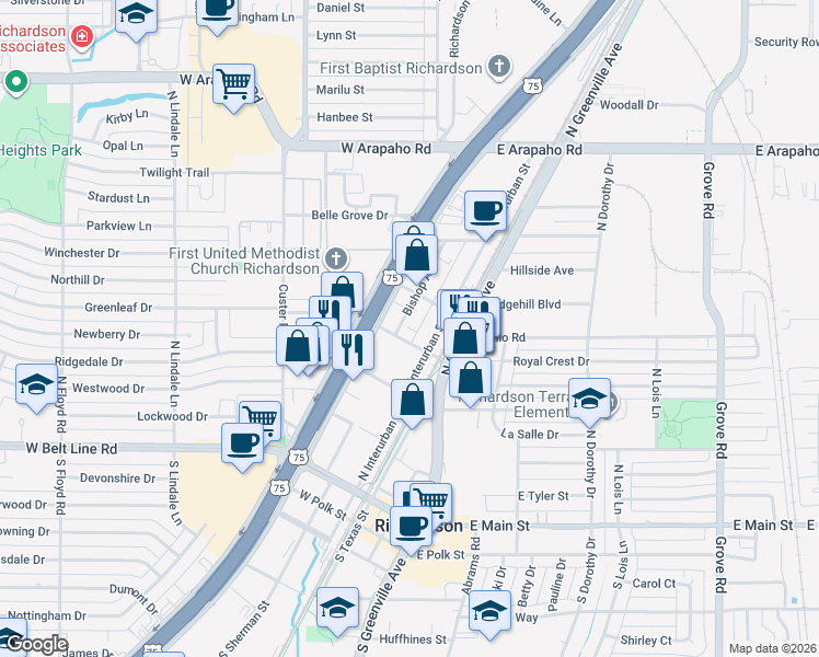 map of restaurants, bars, coffee shops, grocery stores, and more near 404 Bishop Avenue in Richardson
