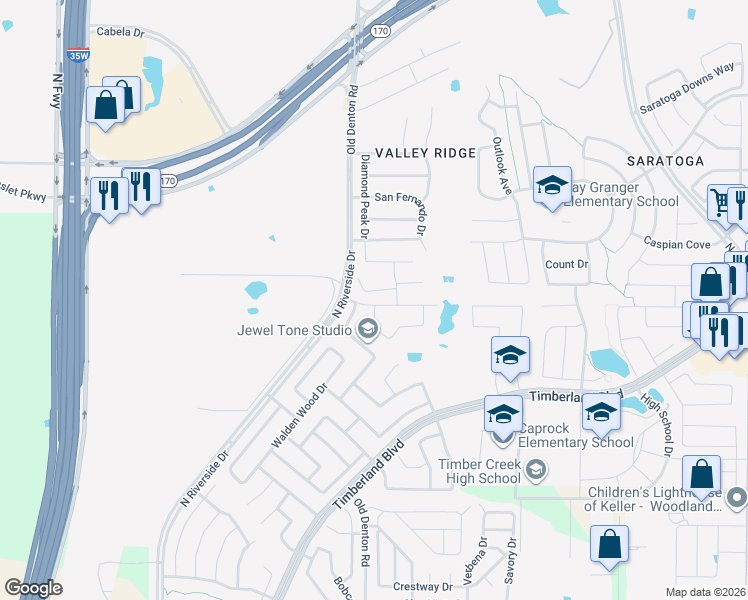 map of restaurants, bars, coffee shops, grocery stores, and more near 2921 Sawtimber Trail in Fort Worth
