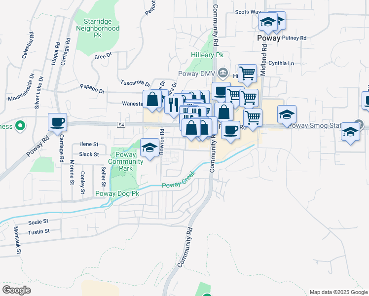 map of restaurants, bars, coffee shops, grocery stores, and more near 13250 Civic Center Drive in Poway
