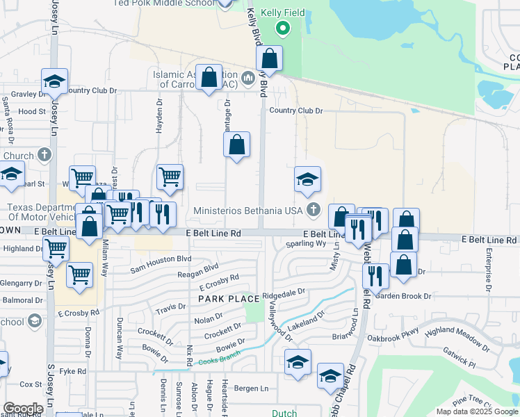 map of restaurants, bars, coffee shops, grocery stores, and more near 1279 Kelly Boulevard in Carrollton