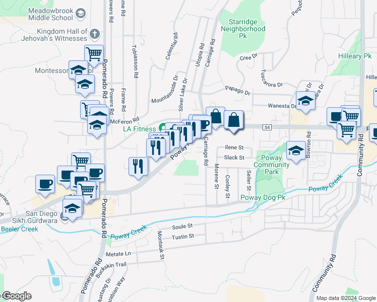 map of restaurants, bars, coffee shops, grocery stores, and more near 12719 Poway Road in Poway