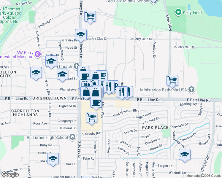map of restaurants, bars, coffee shops, grocery stores, and more near 1100 Metrocrest Drive in Carrollton