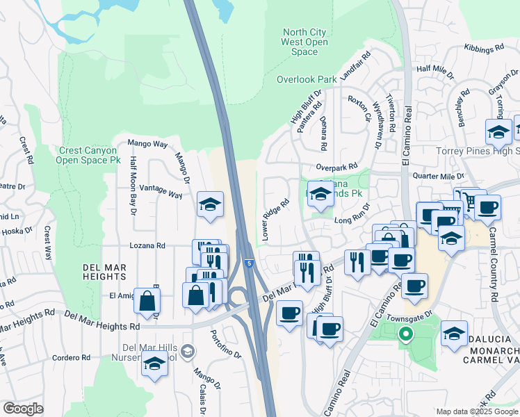 map of restaurants, bars, coffee shops, grocery stores, and more near 13118 Windbreak Road in San Diego