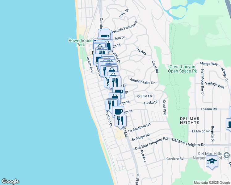 map of restaurants, bars, coffee shops, grocery stores, and more near 346 10th Street in Del Mar