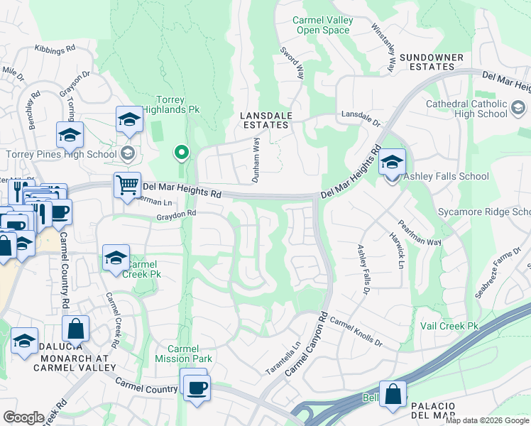 map of restaurants, bars, coffee shops, grocery stores, and more near 4646 Whispering Woods Court in San Diego