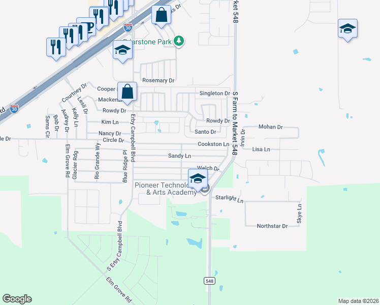 map of restaurants, bars, coffee shops, grocery stores, and more near 300 Sandy Lane in Royse City