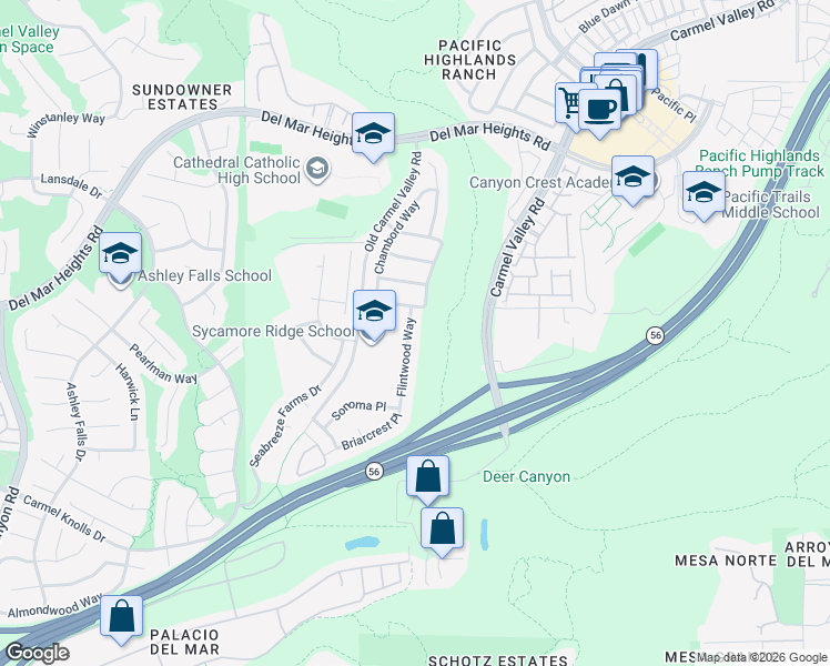 map of restaurants, bars, coffee shops, grocery stores, and more near 12971 Flintwood Way in San Diego