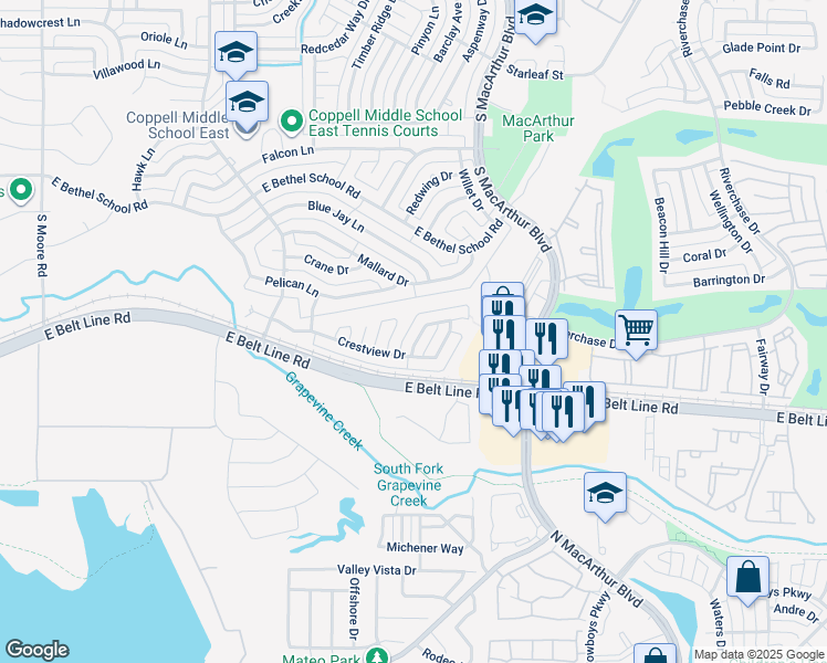 map of restaurants, bars, coffee shops, grocery stores, and more near 932 Hidden Hollow Court in Coppell