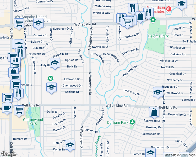 map of restaurants, bars, coffee shops, grocery stores, and more near 1001 Blue Ridge Place in Richardson