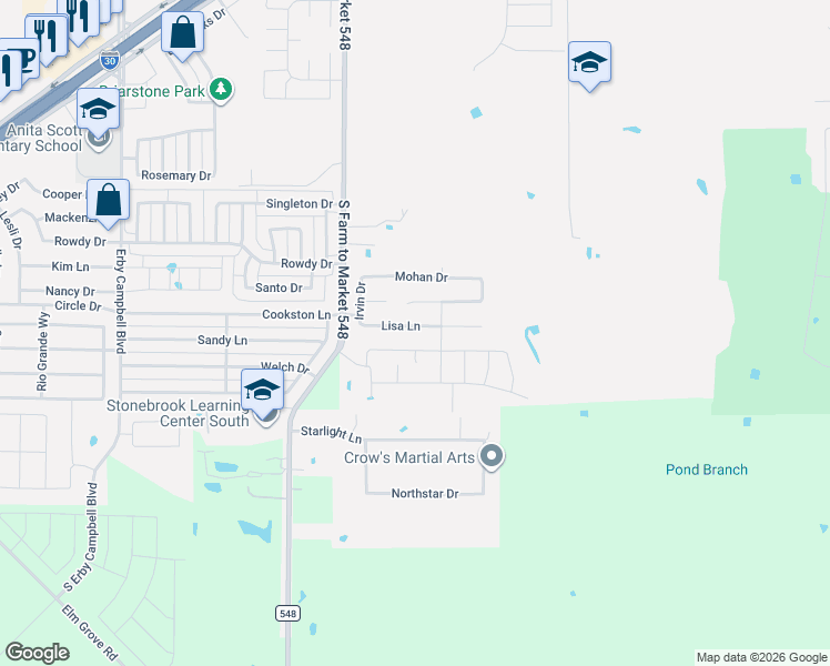 map of restaurants, bars, coffee shops, grocery stores, and more near 2106 South Farm to Market 548 in Royse City