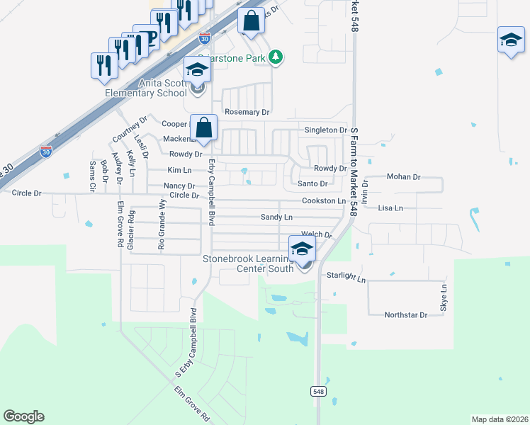 map of restaurants, bars, coffee shops, grocery stores, and more near 328 Sandy Ln in Royse City