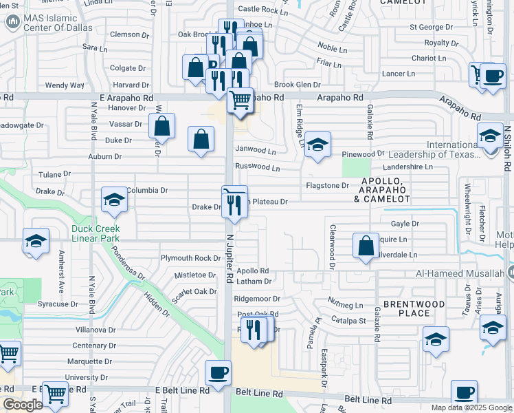 map of restaurants, bars, coffee shops, grocery stores, and more near 3402 High Plateau Drive in Garland