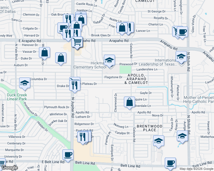 map of restaurants, bars, coffee shops, grocery stores, and more near 3134 High Plateau Drive in Garland