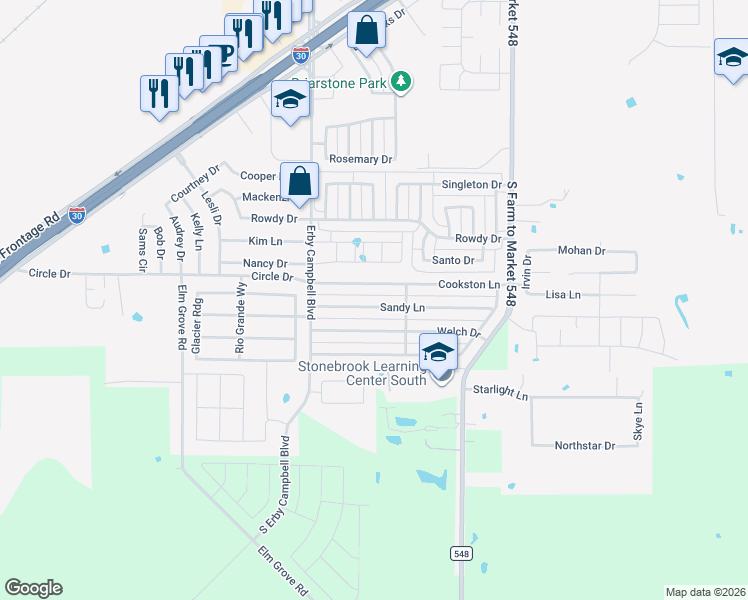 map of restaurants, bars, coffee shops, grocery stores, and more near 404 Sandy Lane in Royse City
