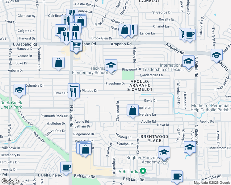 map of restaurants, bars, coffee shops, grocery stores, and more near 3106 High Plateau Drive in Garland
