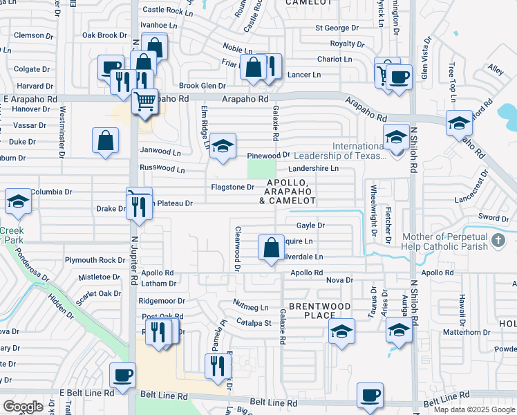 map of restaurants, bars, coffee shops, grocery stores, and more near 3018 High Plateau Drive in Garland