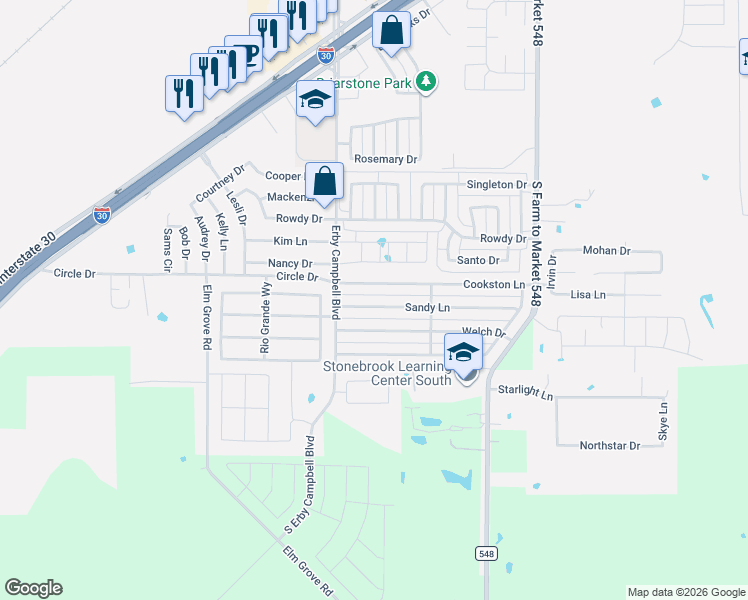 map of restaurants, bars, coffee shops, grocery stores, and more near 424 Sandy Lane in Royse City