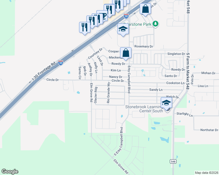 map of restaurants, bars, coffee shops, grocery stores, and more near 1351 Black Canyon Avenue in Royse City