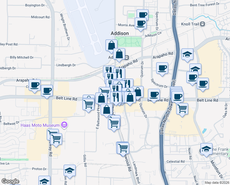 map of restaurants, bars, coffee shops, grocery stores, and more near 15148 Addison Road in Addison