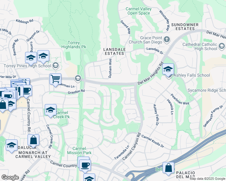 map of restaurants, bars, coffee shops, grocery stores, and more near 4616 Whispering Woods Court in San Diego
