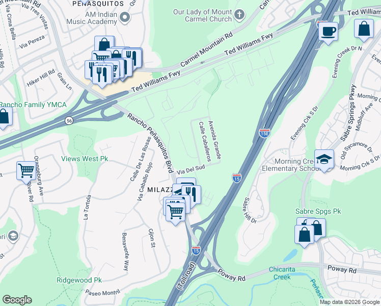 map of restaurants, bars, coffee shops, grocery stores, and more near 13052 Avenida Del General in San Diego