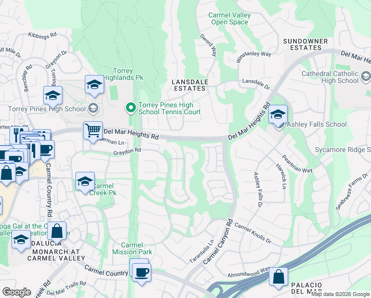 map of restaurants, bars, coffee shops, grocery stores, and more near 12873 Corbett Court in San Diego
