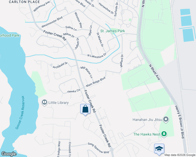 map of restaurants, bars, coffee shops, grocery stores, and more near 108 Main Ridge Boulevard in Goose Creek