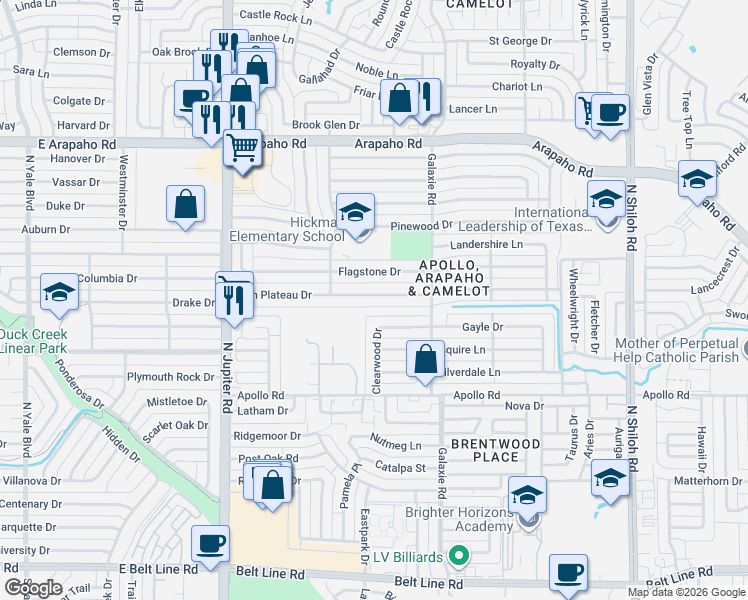 map of restaurants, bars, coffee shops, grocery stores, and more near 3106 High Plateau Drive in Garland