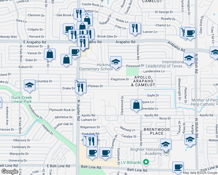 map of restaurants, bars, coffee shops, grocery stores, and more near 3134 High Plateau Drive in Garland