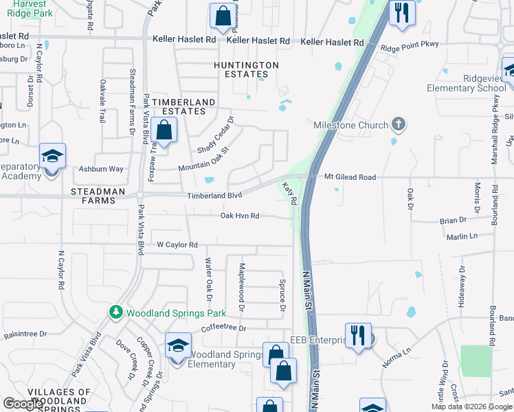 map of restaurants, bars, coffee shops, grocery stores, and more near 5645 Oak Haven Drive in Fort Worth