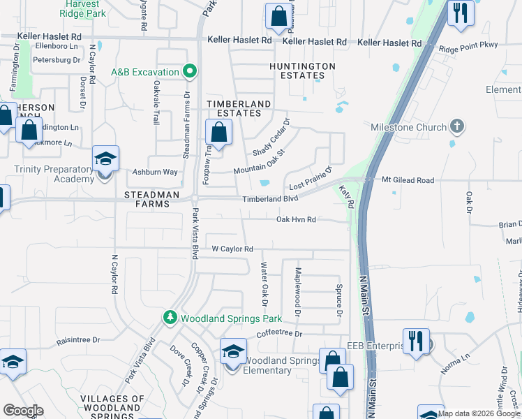 map of restaurants, bars, coffee shops, grocery stores, and more near 5541 Oak Haven Drive in Fort Worth