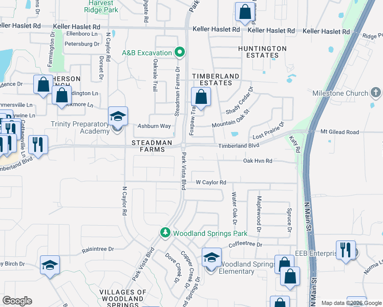 map of restaurants, bars, coffee shops, grocery stores, and more near 5401 Oak Haven Drive in Fort Worth