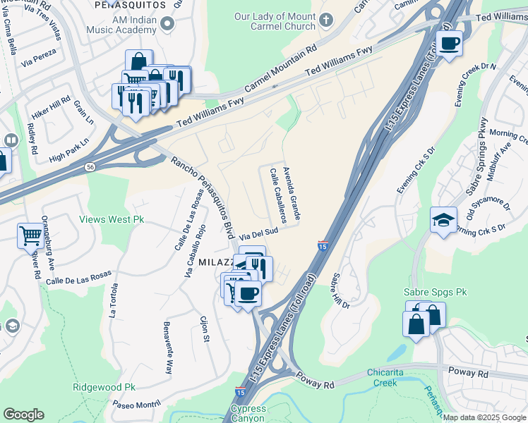 map of restaurants, bars, coffee shops, grocery stores, and more near 13052 Avenida Del General in San Diego