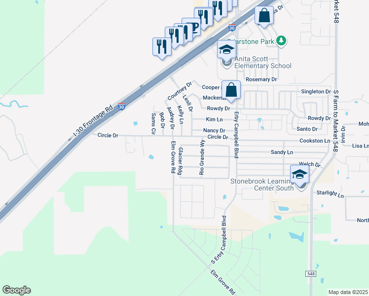 map of restaurants, bars, coffee shops, grocery stores, and more near 1439 Black Canyon Avenue in Royse City