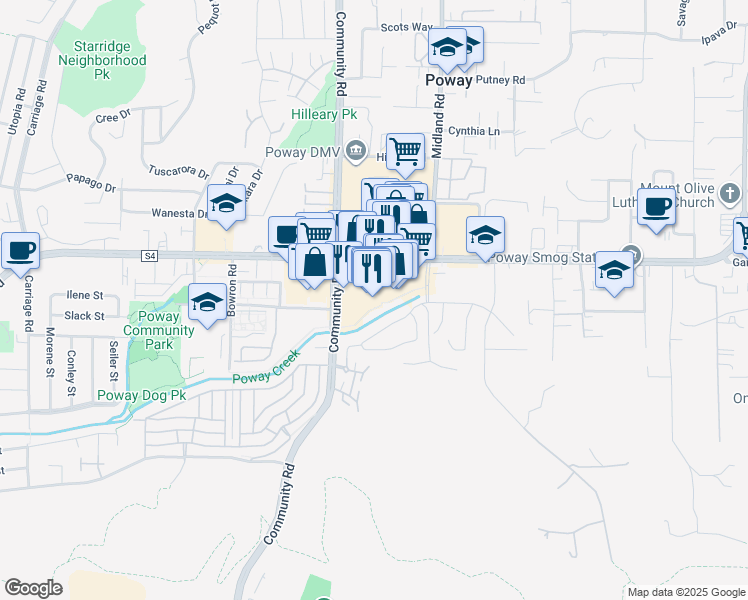 map of restaurants, bars, coffee shops, grocery stores, and more near 13487 Poway Road in Poway
